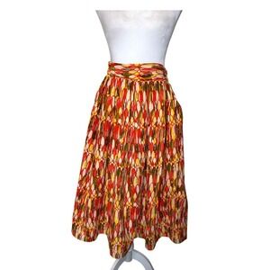 African Print Skirt Medium Red Yellow Tribal Print Tiered Pockets Stretchy Waist